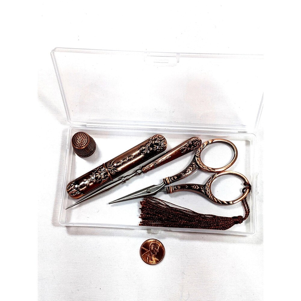Victorian Style Sewing Set Kit Scissors Needle Case Thimble Awl Copper Tone